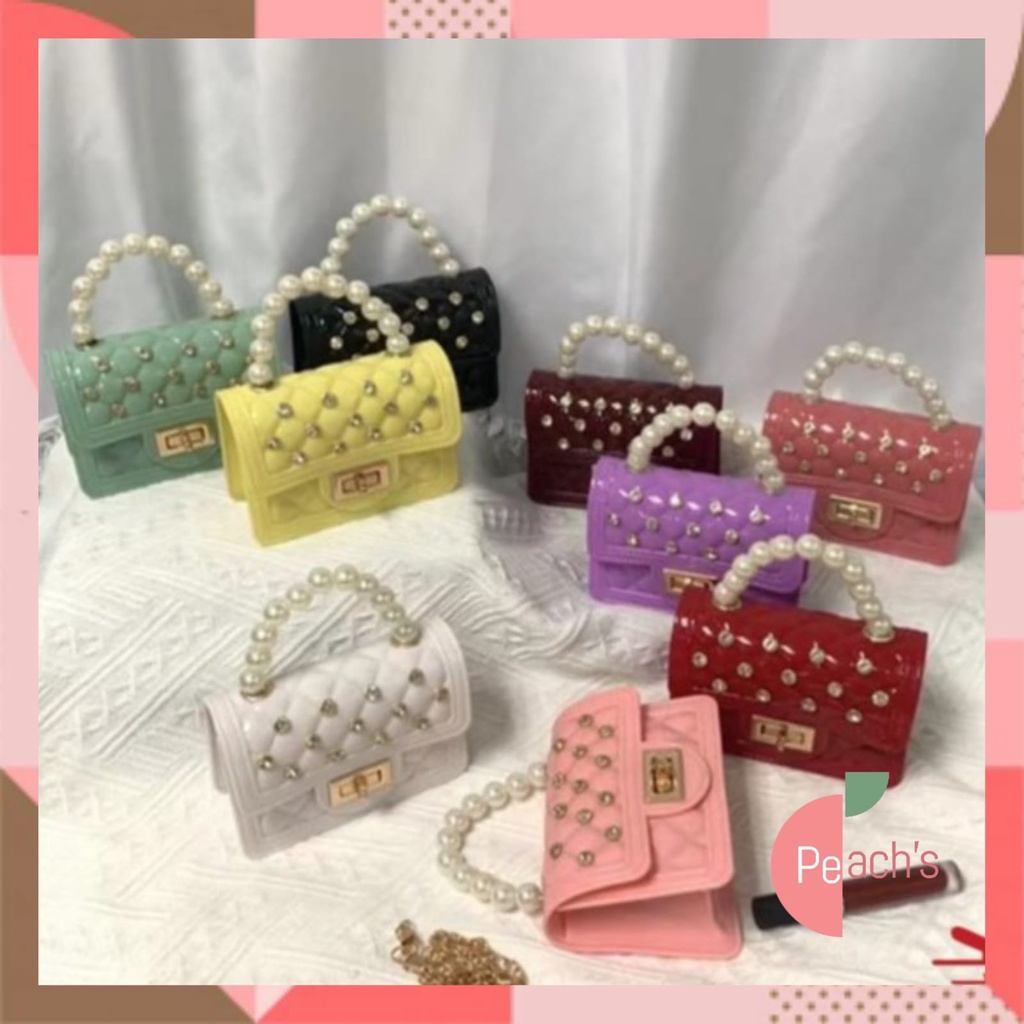 PEACH Tas Jelly Glossy Mini Classic Diamond Pearl Tas Mini Rubber Fashion Selempang Wanita T5156