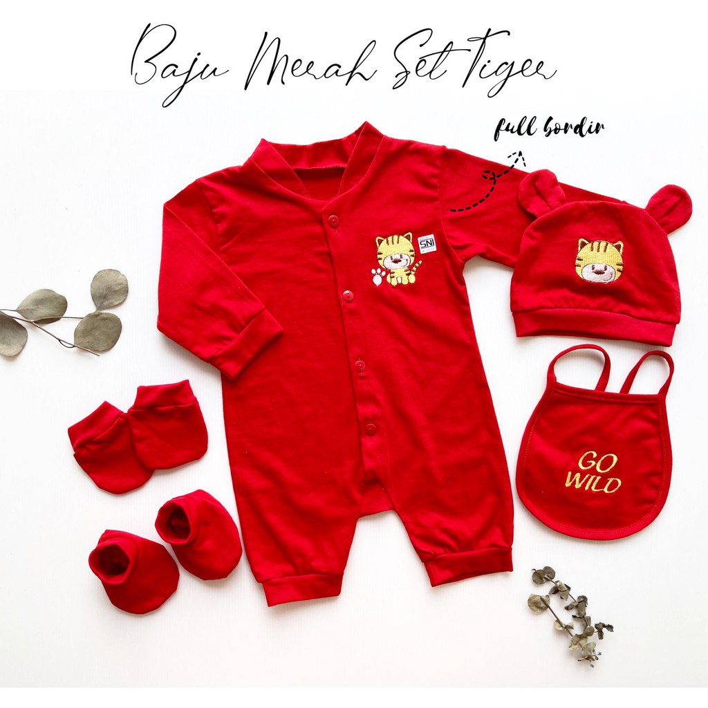 HAMPERS LAHIRAN BAJU MERAH BEAR / TIGER jumper bayi 1 bulan giftset kado lahiran bayi laki perempuan