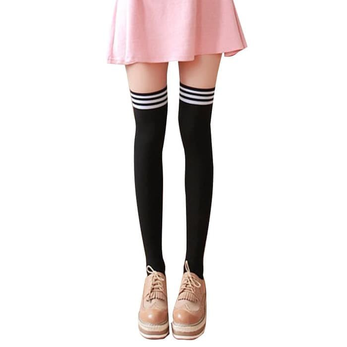 KT-04 Overknee socks kaos kaki panjang sepaha over knee black hitam 3 strip