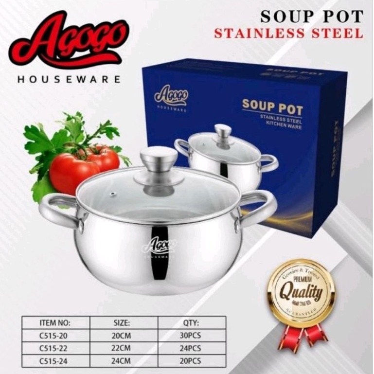 Panci Soup Pot Agogo Stainless Tutup Kaca