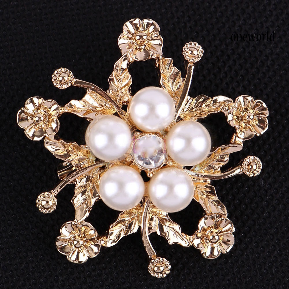 OW@ Rhinestone Faux Pearl Flower Broach Brooch Pin Bouquet Wedding Bridal Jewelry