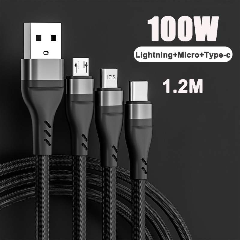 3 in 1 Kabel Charger Micro USB Tipe C 100W Untuk iPhone 12 Pro 11 XR