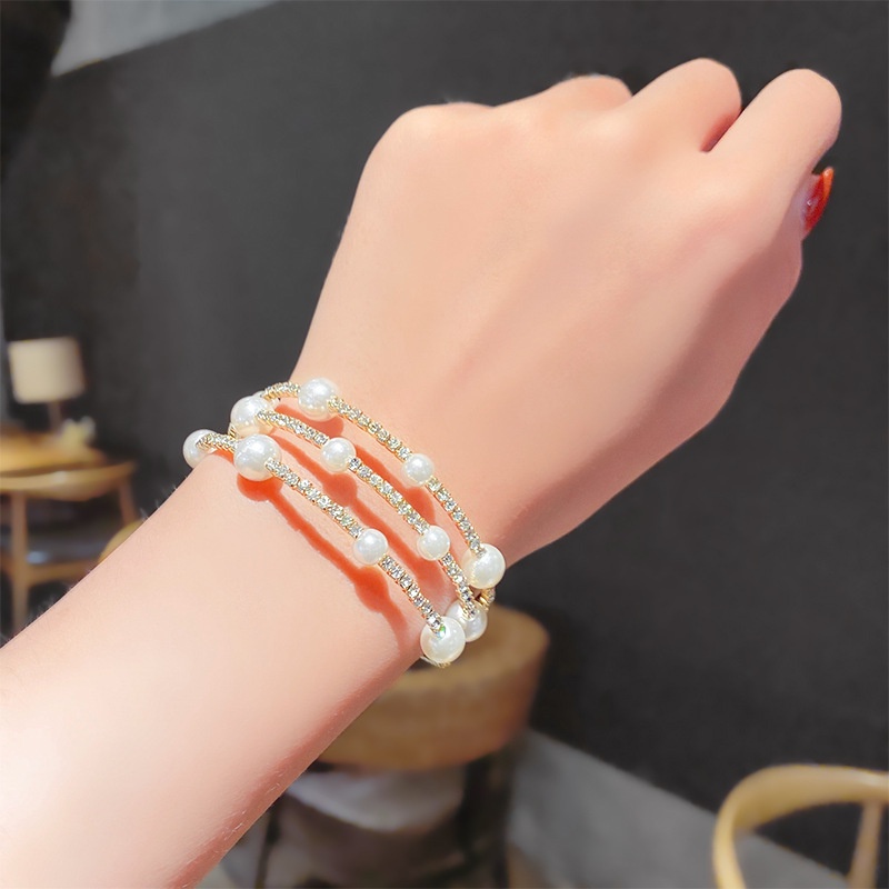 Gelang Mutiara Berlian Imitasi Model Double Layer Gaya Korea Retro