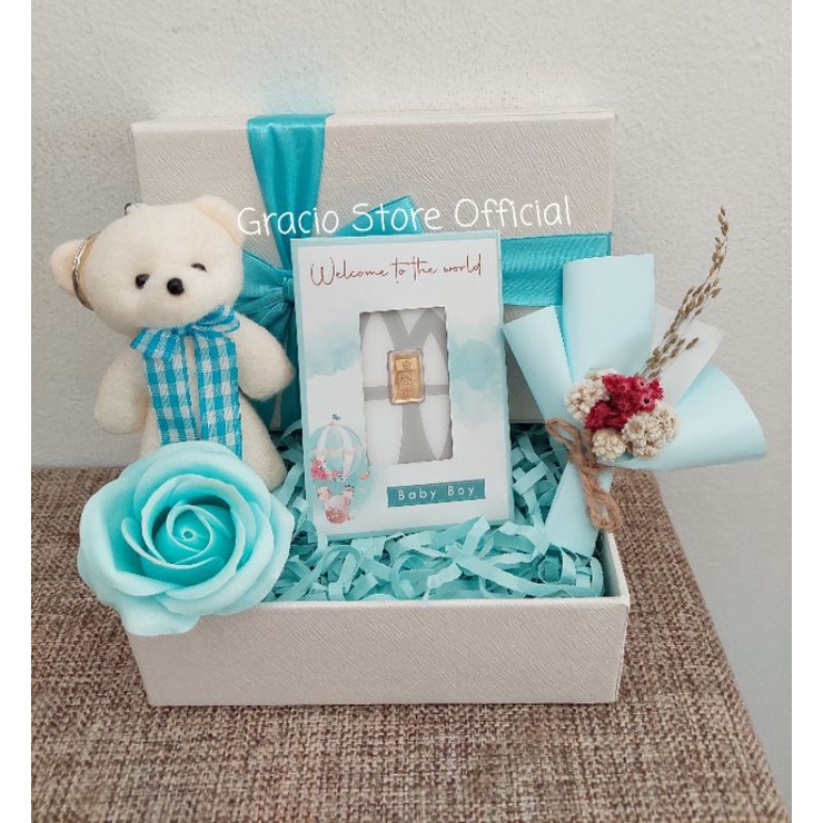 GIFT BOX SPESIAL WELCOME BABY BOY NUANSA BLUE HAMPERS LOGAM MULIA ANTAM 1 GR