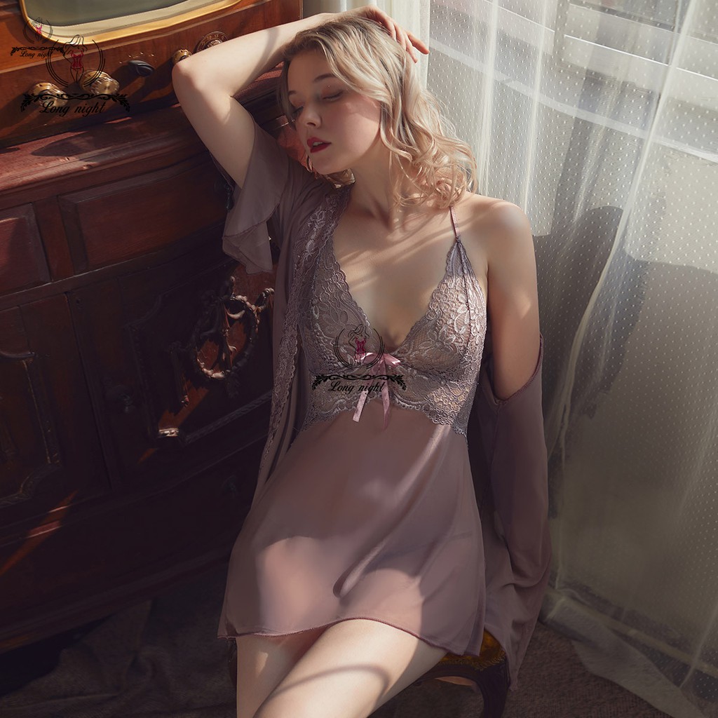 Longnight  sexy lingerie sexy  baju tidur  Coat+Sling-6