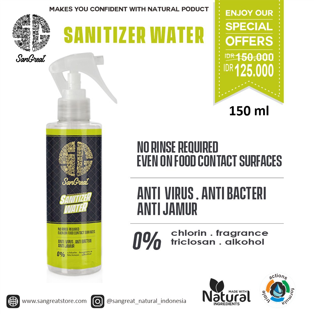 Sanitizer Water Antiseptic Water Non Alkohol dari SanGreat untuk semua jenis permukaan