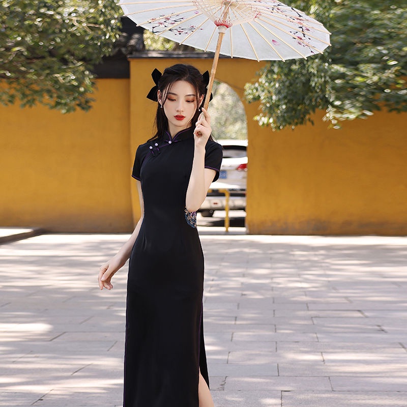 New women's summer cheongsam 2022 black high-end noble young girls' daily retro improved dress