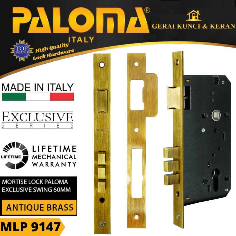 PALOMA MLP 9147 MORTISE LOCK SWING 60 MM EXCLUSIVE ITALY ANTIQUE BRASS