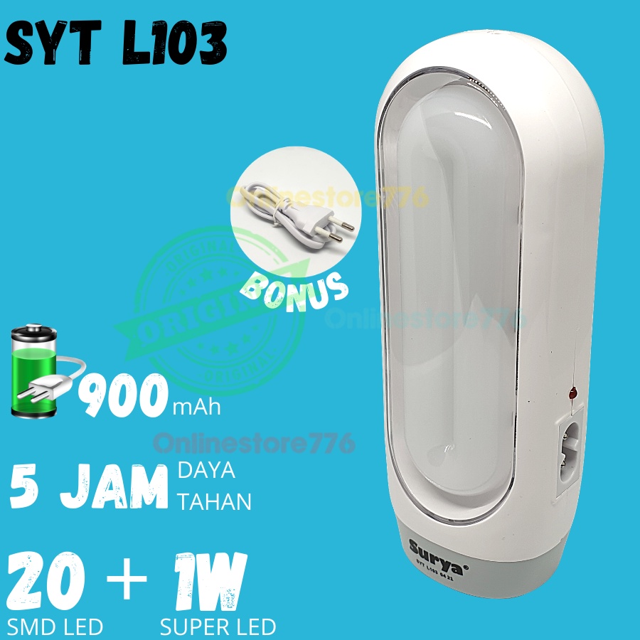 LAMPU SENTER EMERGENCY LED SURYA SYT L103 / SENTER DARURAT SURYA SYT L103 / CAHAYA PUTIH / RECHARGEABLE