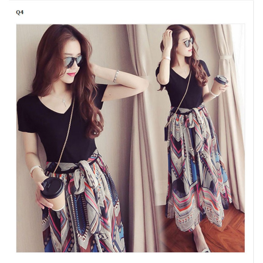 Dress Model Two Piece Palsu Motif Print Bahan Sifon Gaya Korea untuk Wanita