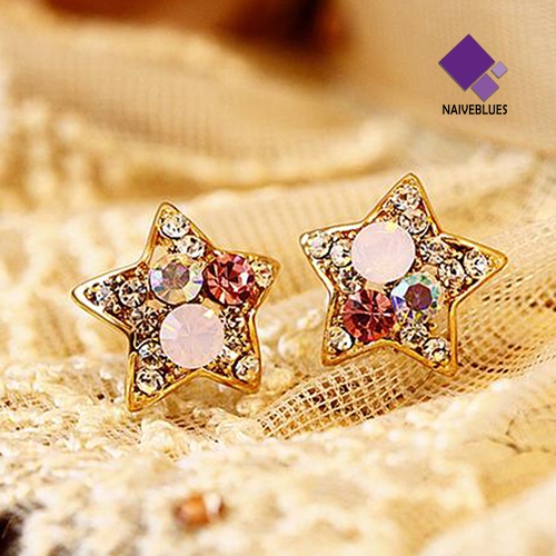 Anting Stud Bentuk Bintang Aksen Berlian Imitasi Untuk Wanita