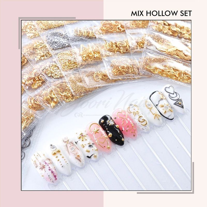 Mix Hollow pack 6 model nail art rivet metal hollow japanese nails moon star circle rectangle gold