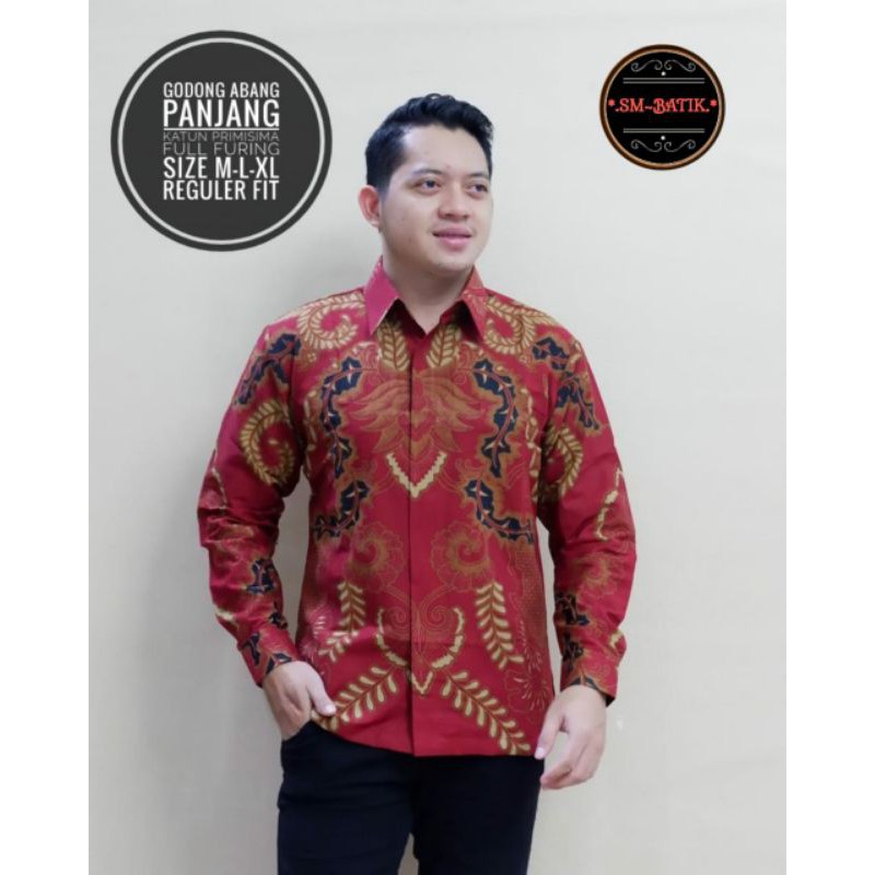 Kemeja Batik Lengan Panjang Warna Merah Batik Warna Merah Lapis Furing GODONG ABANG Batik Merah