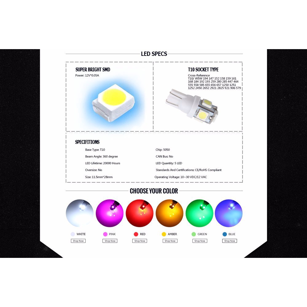 1pc Lampu Led Wedge T10 W5W 5050 5smd Dc 12v Untuk Plat Nomor Mobil