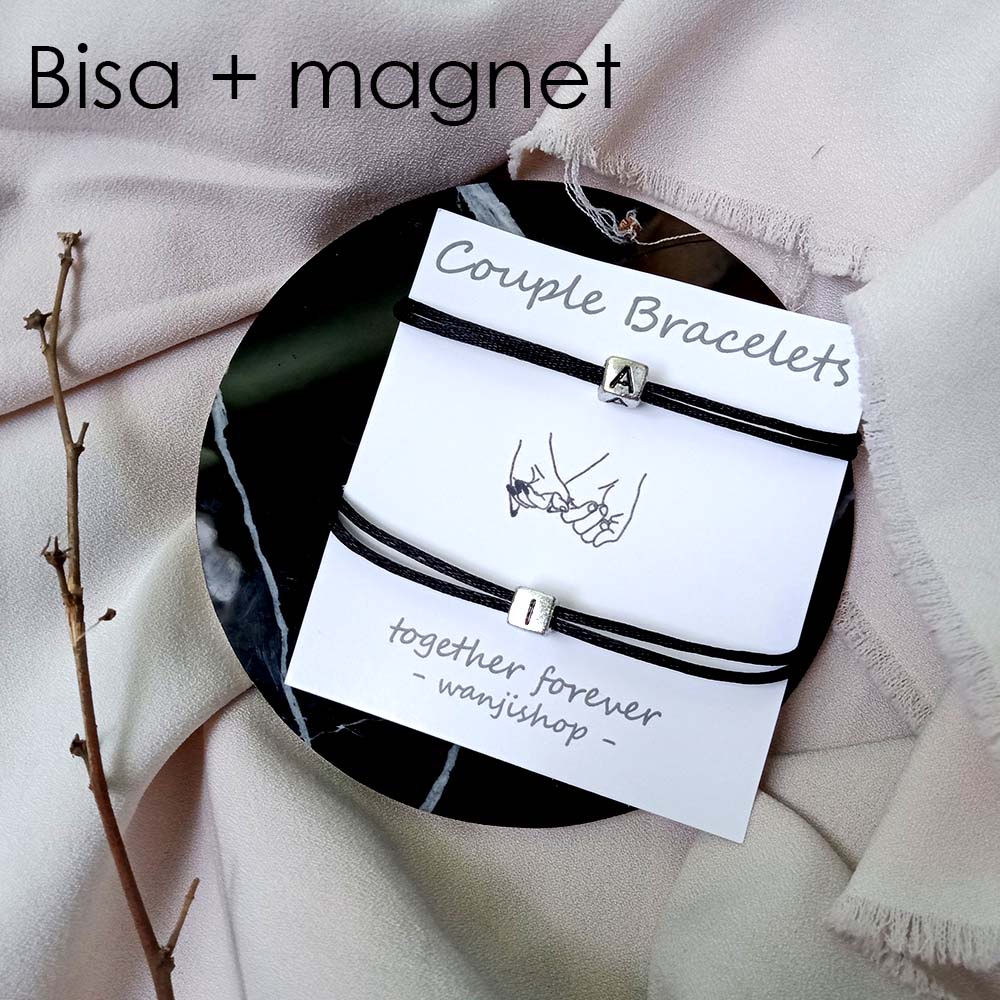 Gelang Couple Nama DOUBLE LAYER INISIAL KOTAK SILVER TALI SATIN Cina Custom Magnet