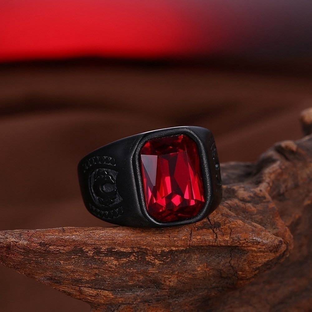 Cool male punk ruby ring oval red crystal ring garnet black metal ring fashion jewelry