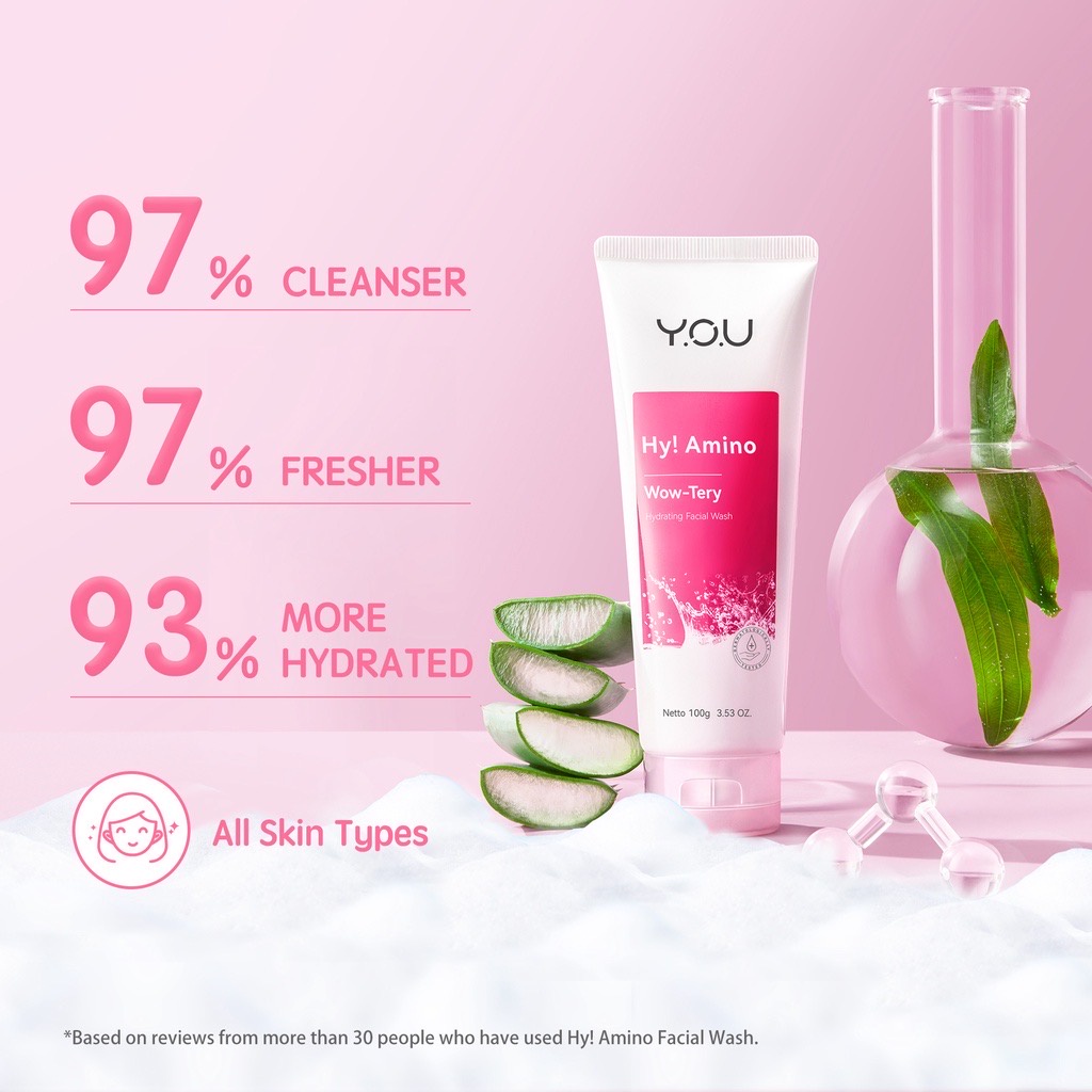 YOU Hy! Amino Wow-Tery Hydrating Facial Wash Indonesia / Pembersih Wajah Sabun Cuci Muka / Melembapkan Moisturize Deeply 100g / Skincare Face Cleanser Cleansing / Brightening Anti Acne Bacterial Oil Control / Toner Serum Cream Sunscreen Y.O.U Series Paket