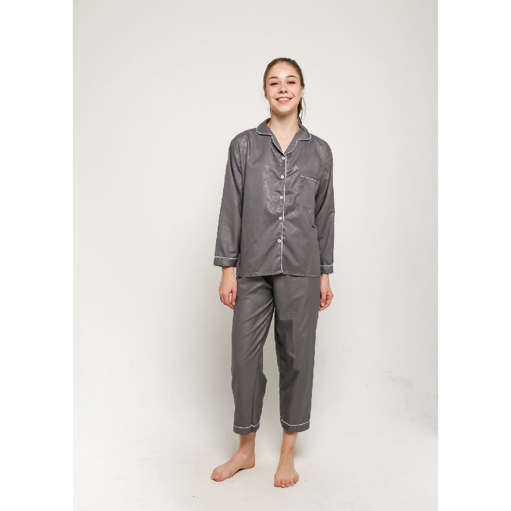 FortKlass Piyama Satin Embos Sleepwear Stelan Baju Tidur Lengan Panjang Celana Panjang-ABU MUDA