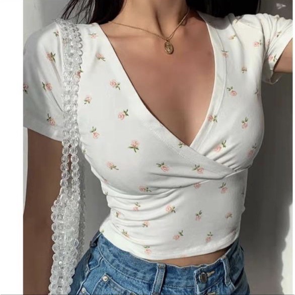 BEFAST - ZFS Blouse SAHSA / ENROSIE CROP TOP / Blus Sexy Cewe / Atasan Wanita Sexy / Blouse Style Korean / Blouse Trendy / Blouse Casual / Blouse Santai / Blouse Crop Lengan Pendek / Blouse Kerah V / Blouse Motif Terlaris