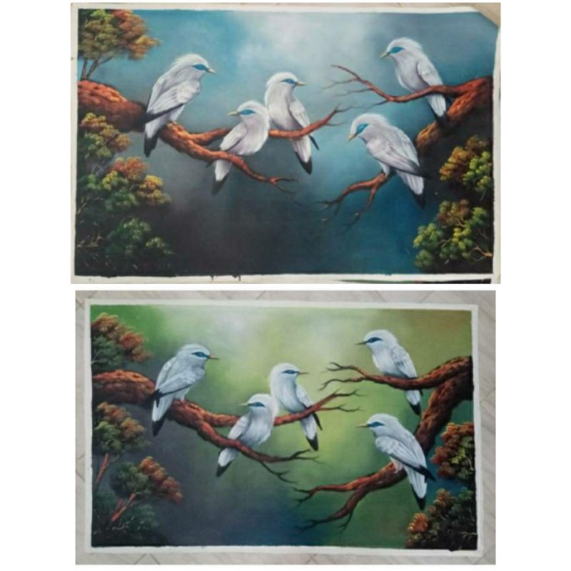 Lukisan pemandangan dan burung jalak Bali