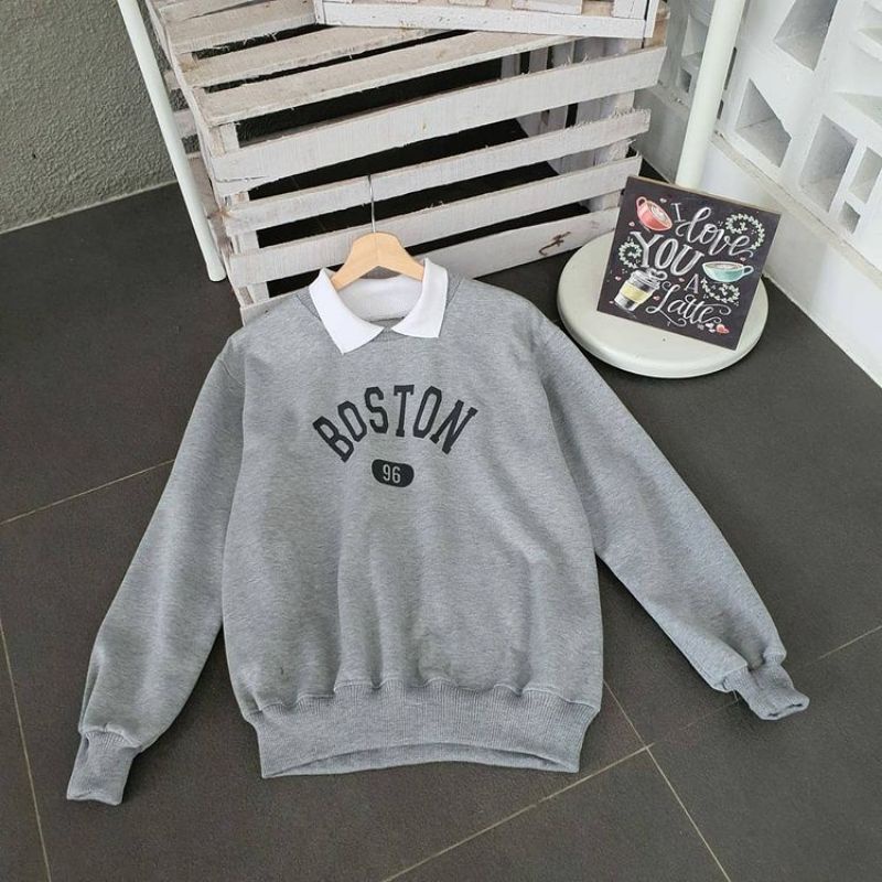 BOSTON COLAR sweatshirt unisex sweater kerah kekinian crewneck oblong couple bahan flecee terbaru