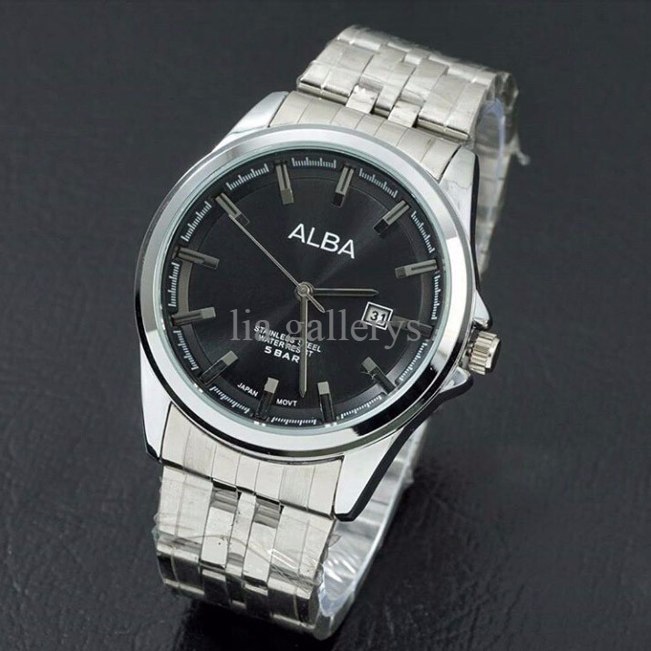 Jam Tangan Pria / Cowok Alba Perpetual Rantai Silver Plat Hitam
