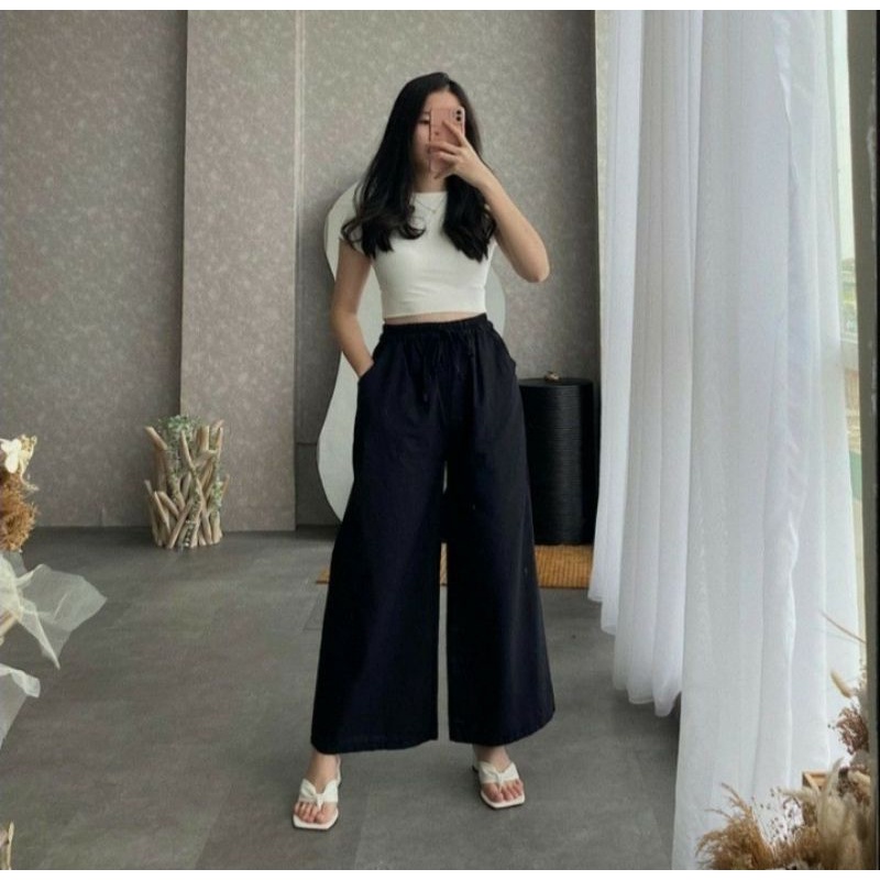 Celana Kulot Katun Linen Wanita Rami Highwaist Pinggang Karet Tali