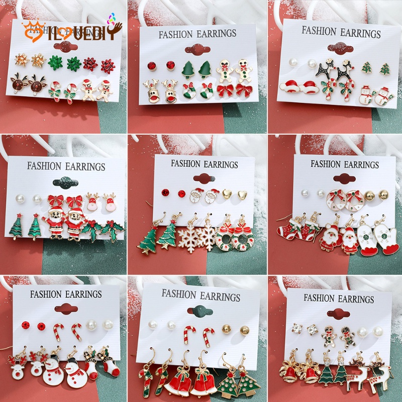 6 Pasang Anting Stud Desain Pohon Natal Rusa Snowman Santa Untuk Aksesoris Anak Perempuan