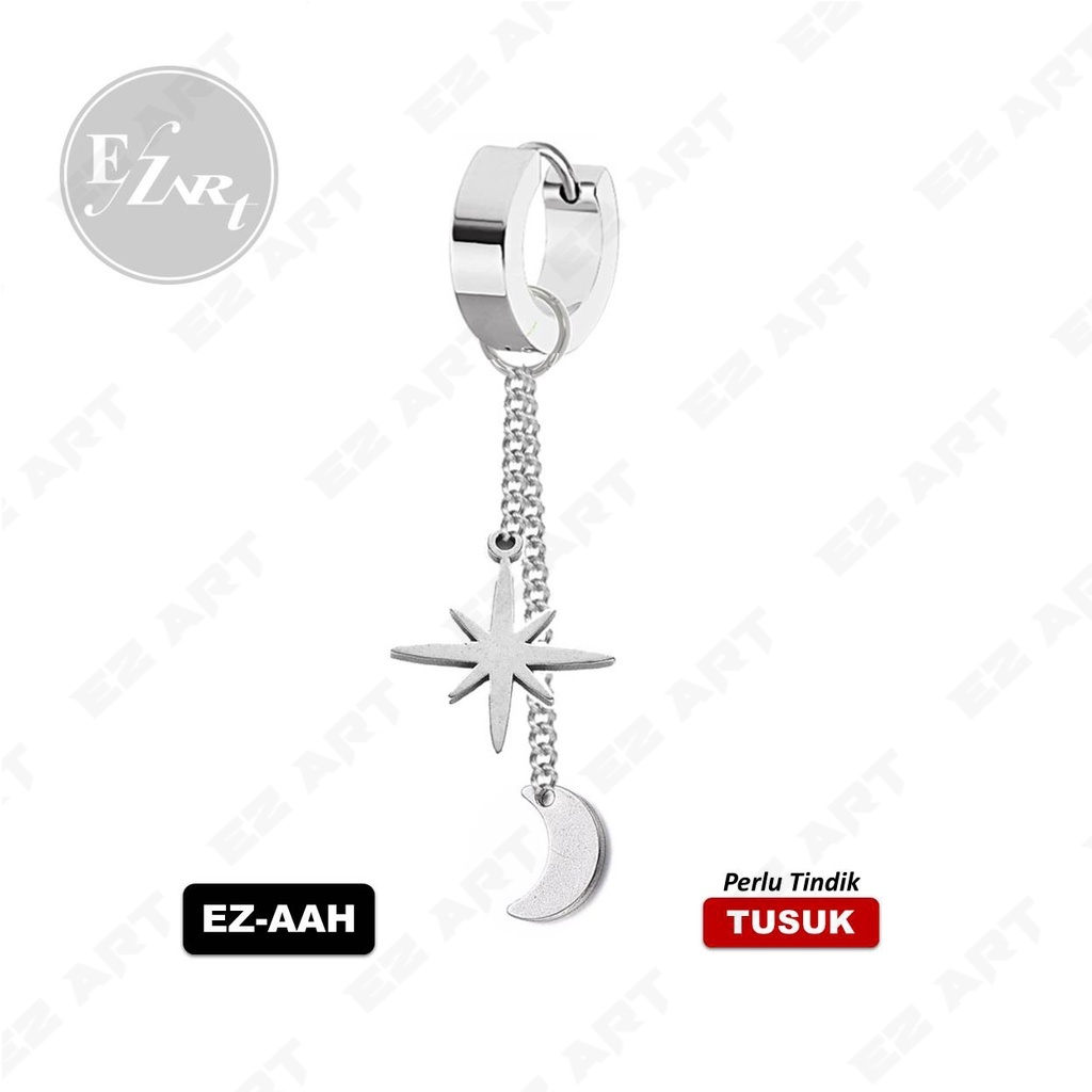 1Pc EZ-AAH ANTING KPOP BULAN BINTANG JEPIT / TUSUK SILVER PRIA WANITA STAINLESS STEEL