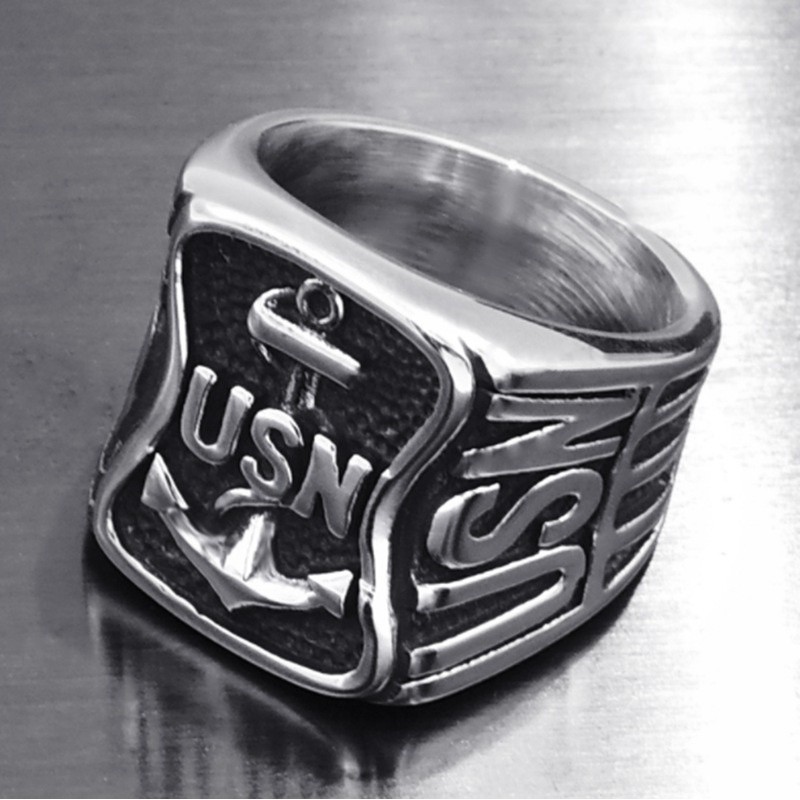 Cincin Bahan Titanium Desain Jangkar+Tulisan 'USN' Gaya Angkatan Laut AS/Punk untuk Pria