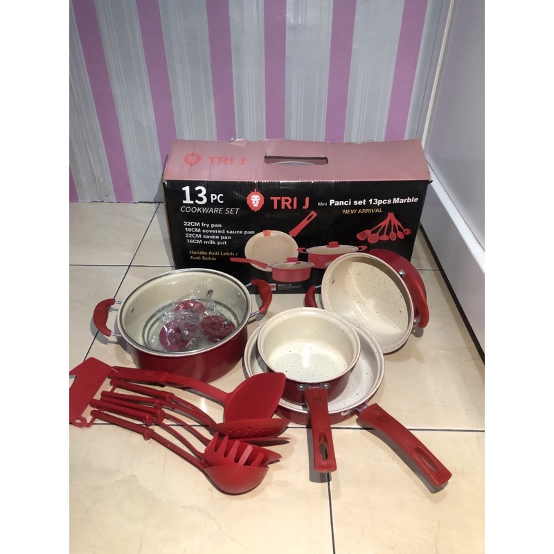 PANCI SET 13 PCS COOKWARE SET MARBLE TRI J MERAH