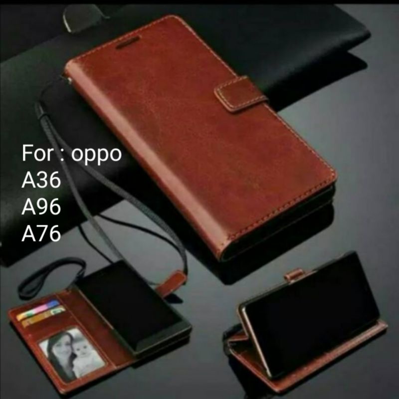 Leather Case Flip Cover Oppo A36 A76 A96 4G Sarung Dompet Wallet Kulit Casing Case Diary flip buku book