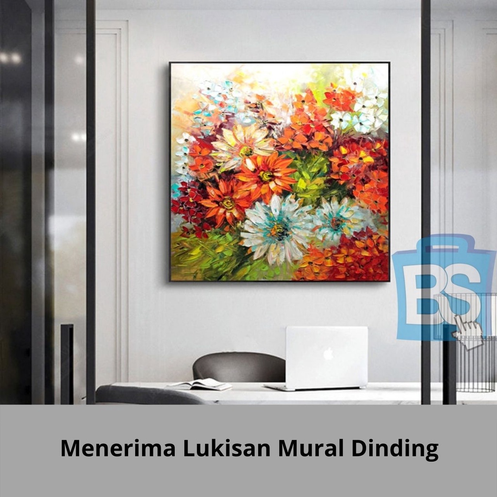 Bunga Mekar Lukisan Cat Minyak Di Atas Kanvas Abstrak Kuning & Merah Bunga Lukisan Pisau Palet Lukis