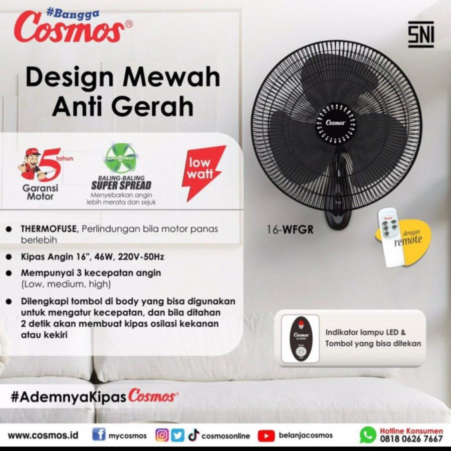 Cosmos Wall Fan HITAM REMOTE 16 WFGR / Kipas Angin Dinding tembok 16WFGR / 16-WFGR