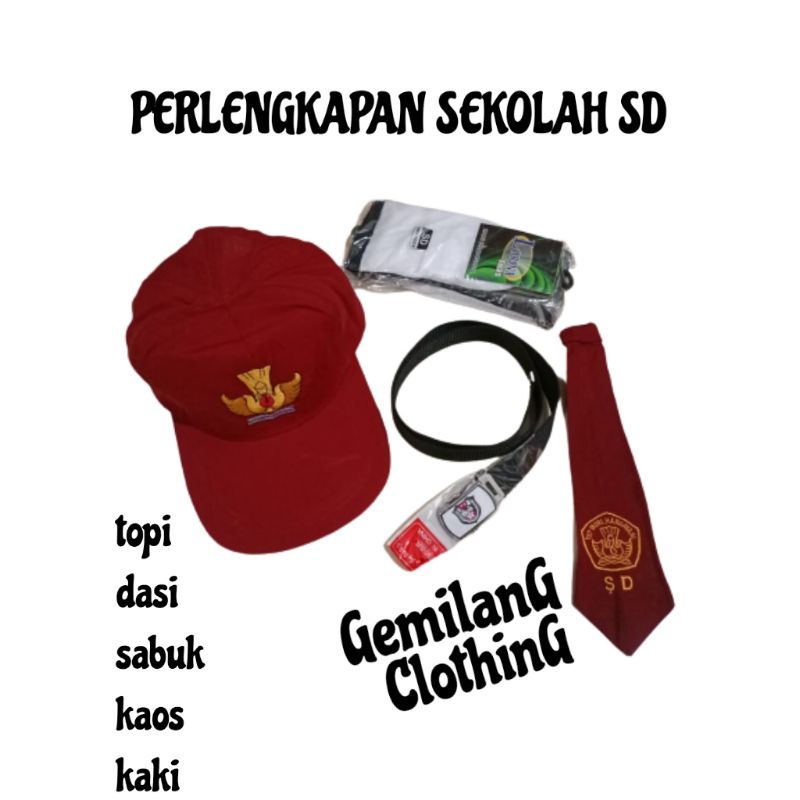 TOPI MERAH POLOS PLUS DASI SABUK DAN KAOS KAKI SD // GEMILANG CLOTHING
