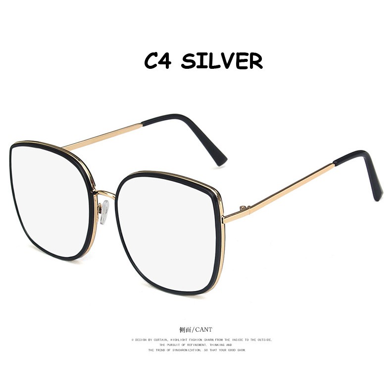 Korea Bibi Square Fashion Retro Logam Bingkai Kacamata Wanita UV400-C4 SILVER