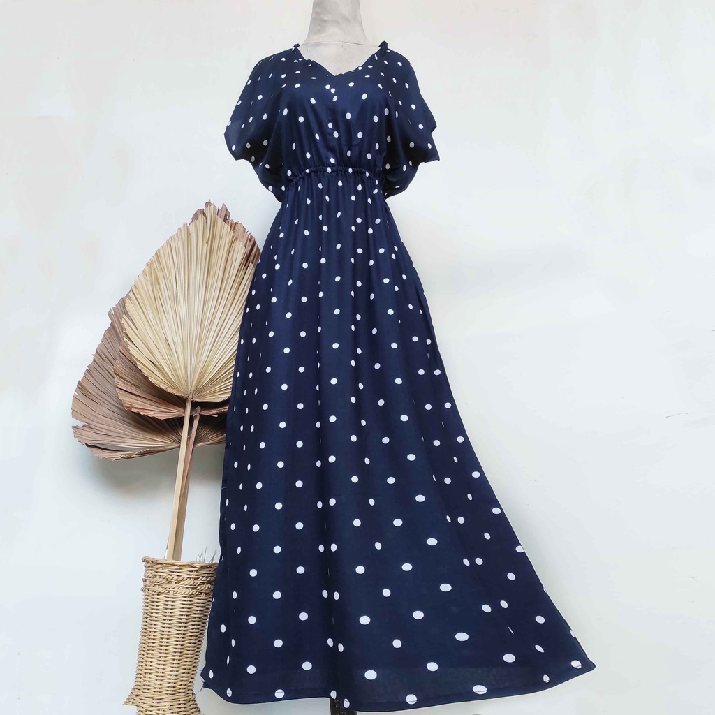 Dress Manohara Bali Panjang Molusca-Polka navy