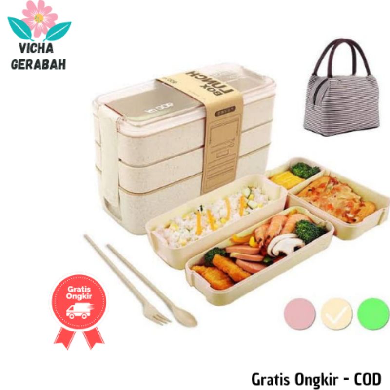 Lunch Box 900ml Jerami Gandum Freemir / Kotak Bekal makan 3 layer /Tempat makan kekinian