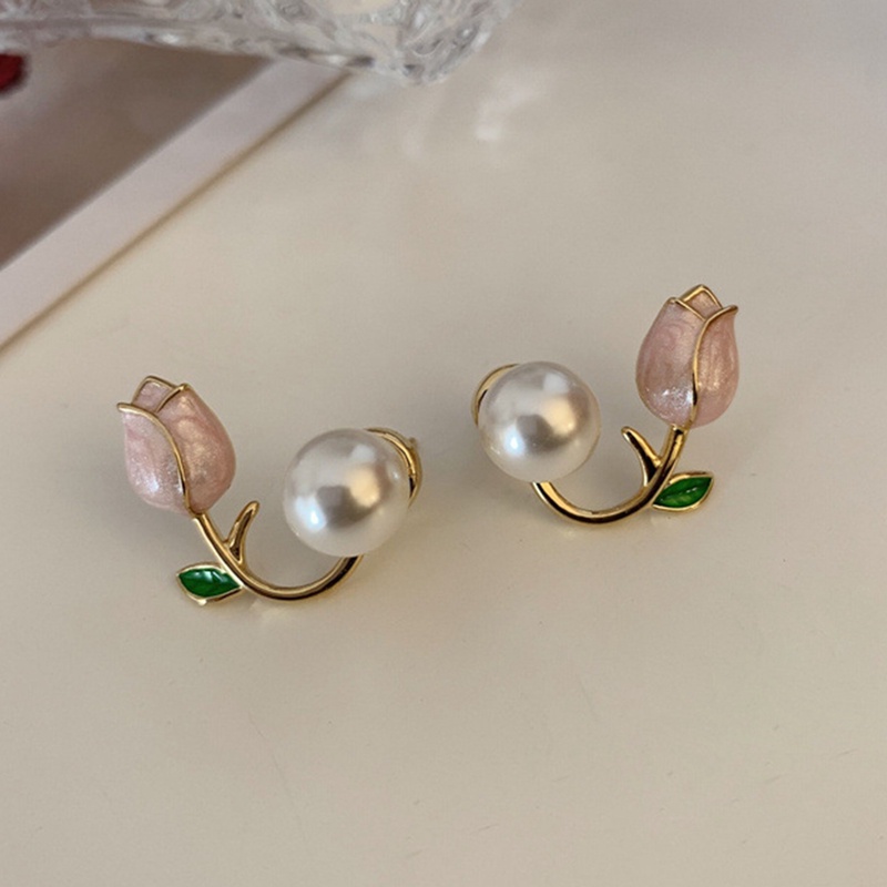 Anting Stud Desain Bunga Tulip Aksen Mutiara Gaya Perancis Untuk Wanita