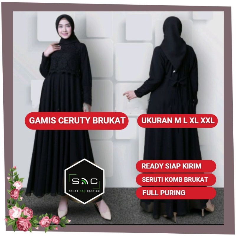 Gamis Ceruti Babydoll Putih Hitam Polos Brokat Brukat Resleting Belakang Full Furing Lebaran Umroh T