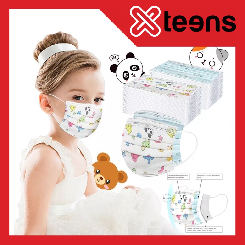 Masker Anak 3ply isi 50 Pcs Earloop 3-14 Tahun Premium Murah Corak