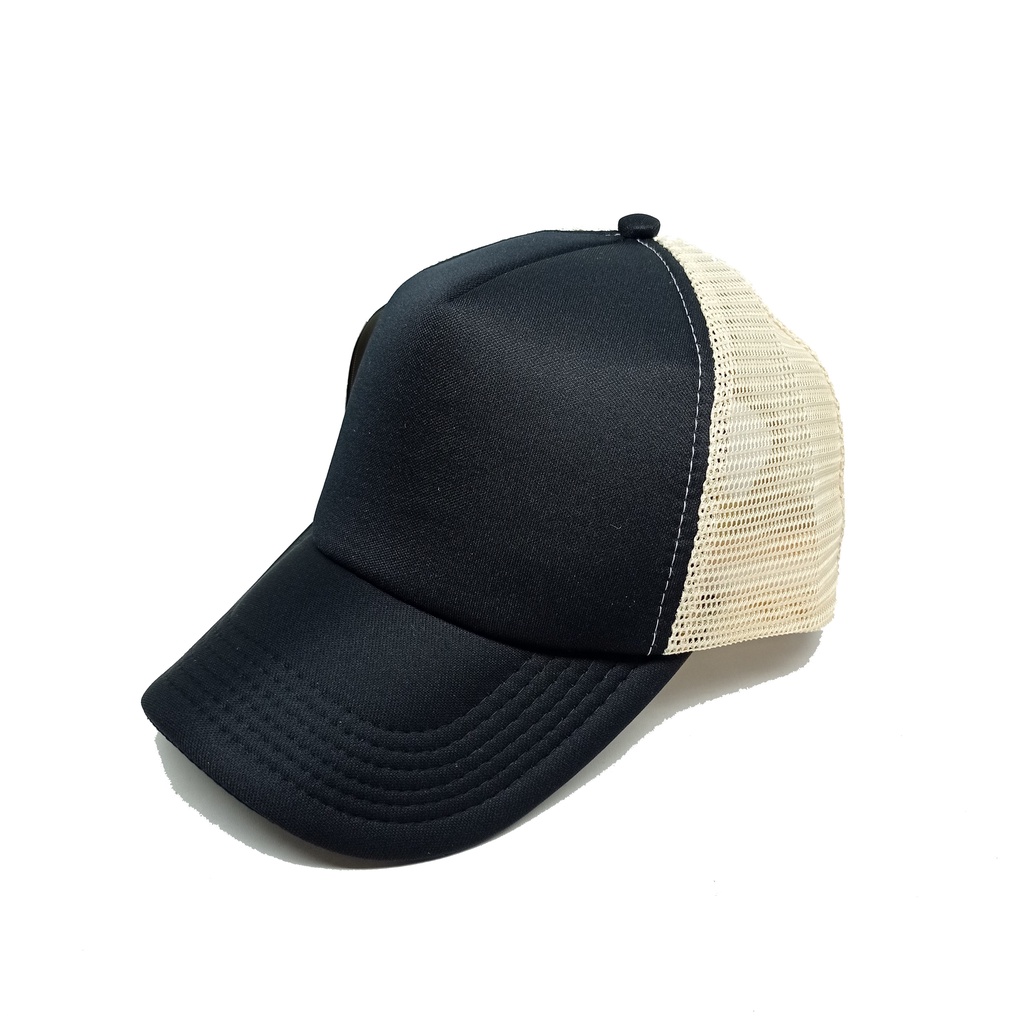 Topi Jaring Trucker Hitam-Hitam-Krem Polos Dewasa Premium