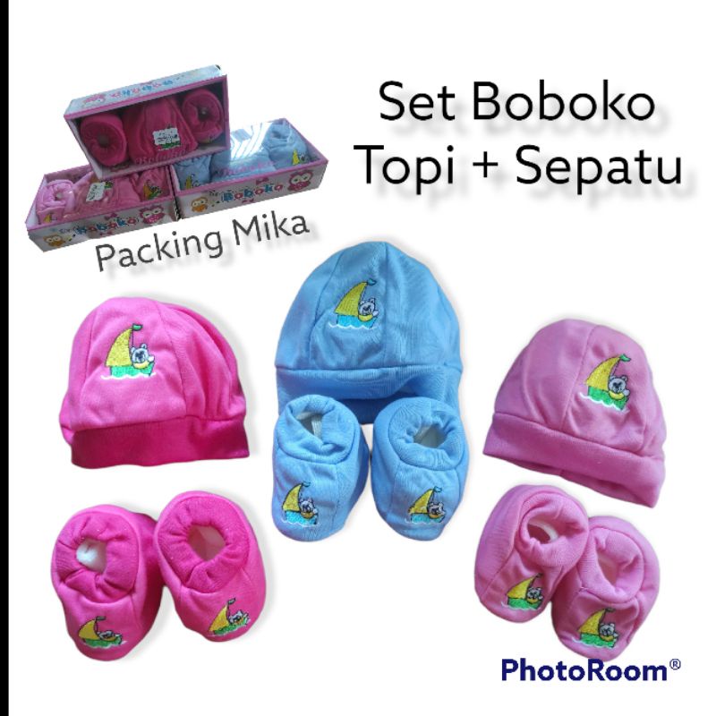 Boboko Topi Set Mika Kaos Kaki Bayi Bordir Newborn