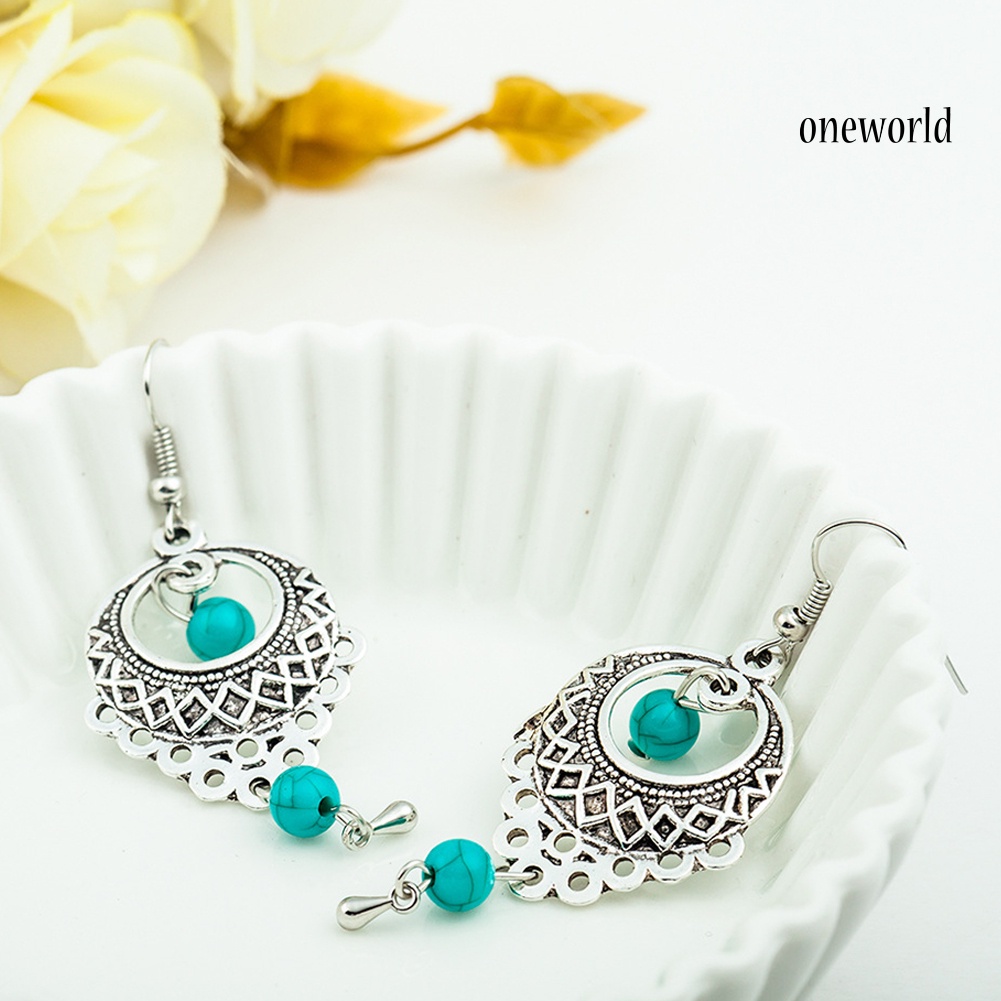 OW@ Boho Women Turquoise Bead Dangle Hollow Charm Hook Earrings Wedding Jewelry