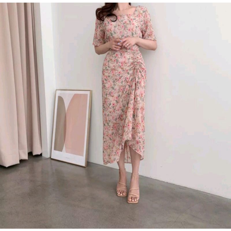 Korean style floral vintage midi dress