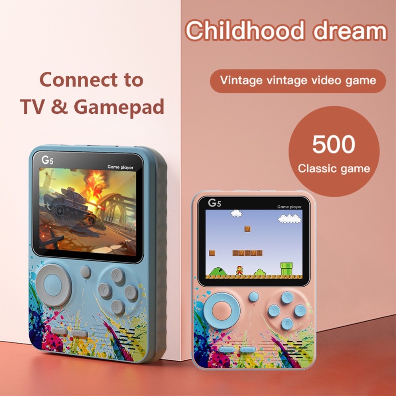 Gameboy G5 Console Portable Game Player Built-in Classic 500 Games Connect to TV or Gamepad 1000mAh 1 Player/2 Player Hadiah yang sempurna(Hanya beberapa game dua pemain yang dapat menggunakan stick)