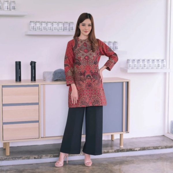 Unik dress tunik batik wanita furing trikot katun baturaden modern pesta - S Diskon