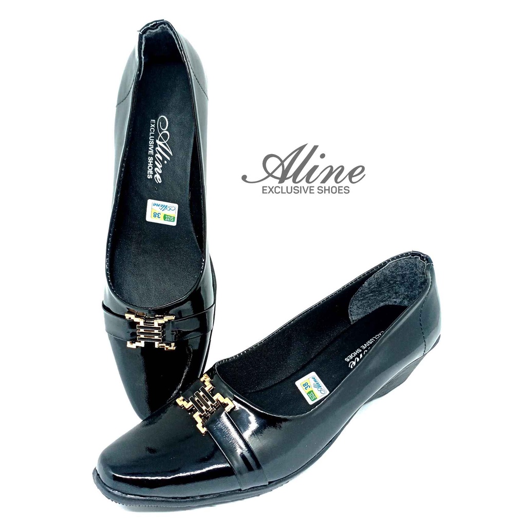 Aline Sepatu Pantofel Wanita Hak 5 Cm Fantofel Wedges Glosy Kerja Hitam Sabuk Kilap Glosy AW27