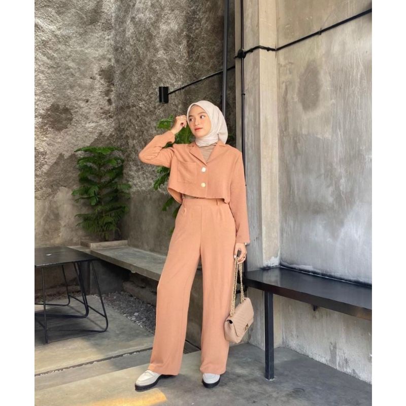 ONE SET WANITA KOREAN STYLE / HAVA SET CRINKLE CROP / PREMIUM /DEWASA / IMPORT JUMBO / MURAH / SETEL