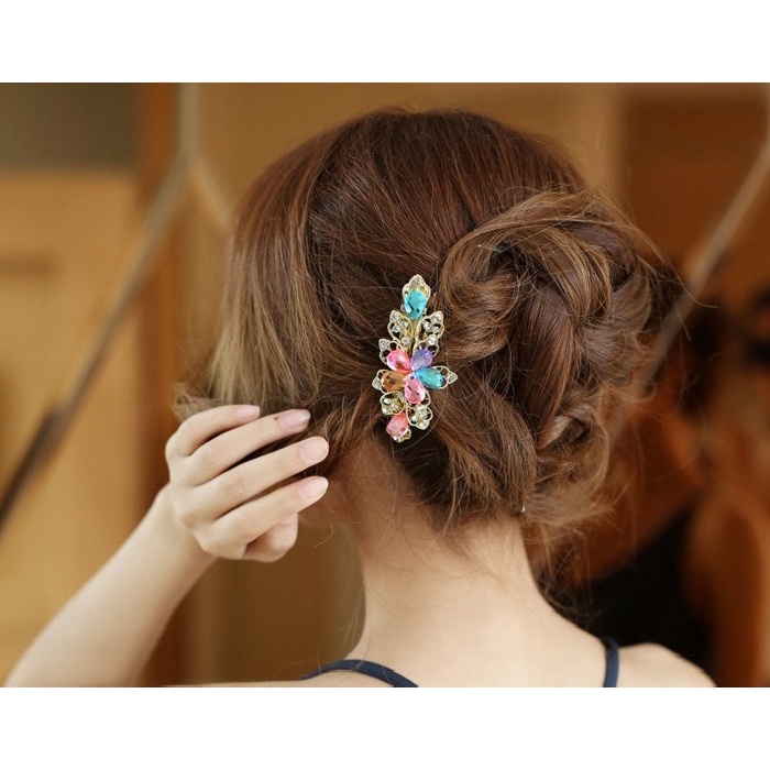 Jepit Rambut Korea Otomatis 9.5cm Jedai Jepitan Besi Alloy Jepit Ponytail PREMIUM Kristal Mutiara Bunga Wanita Dewasa